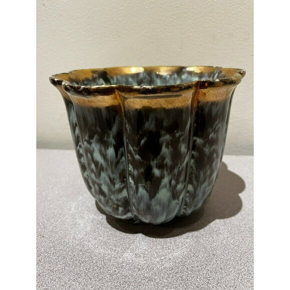 Vintage Fohr Ceramic GERMANY Green Gold Glazed drip bowl 7" - Picture 7 of 13